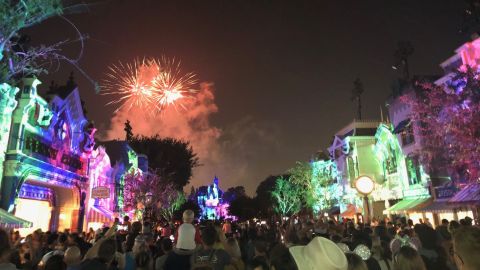La multitud durante juegos pirotécnicos en Disneyland.