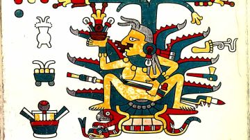 Diosa Mayáhuel con punzones en la mano y sentada sobre una tortuga (la tierra que surge del mar). A los lados se observan elementos relacionados a la obtención del aguamiel. Fuente: Codex Laud