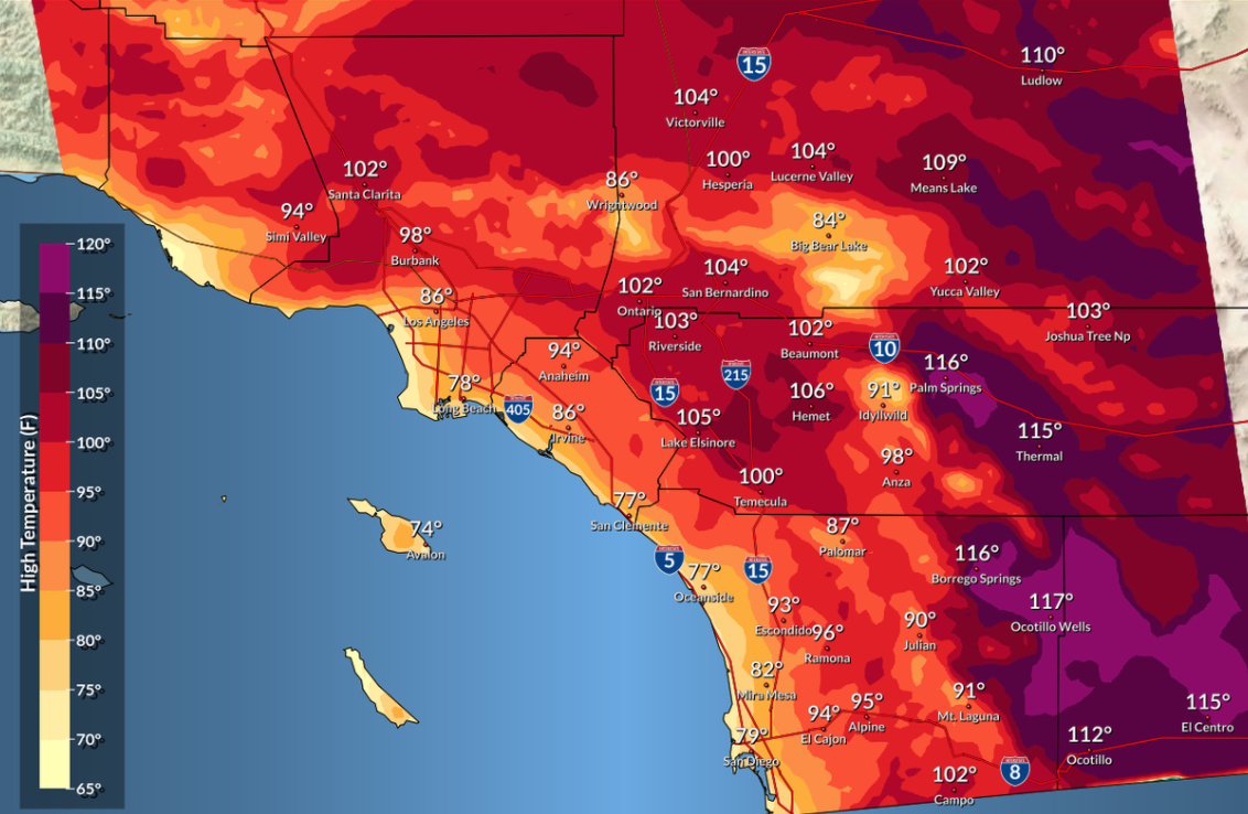 Así luce la ola de calor que empieza este jueves en el sur de California.