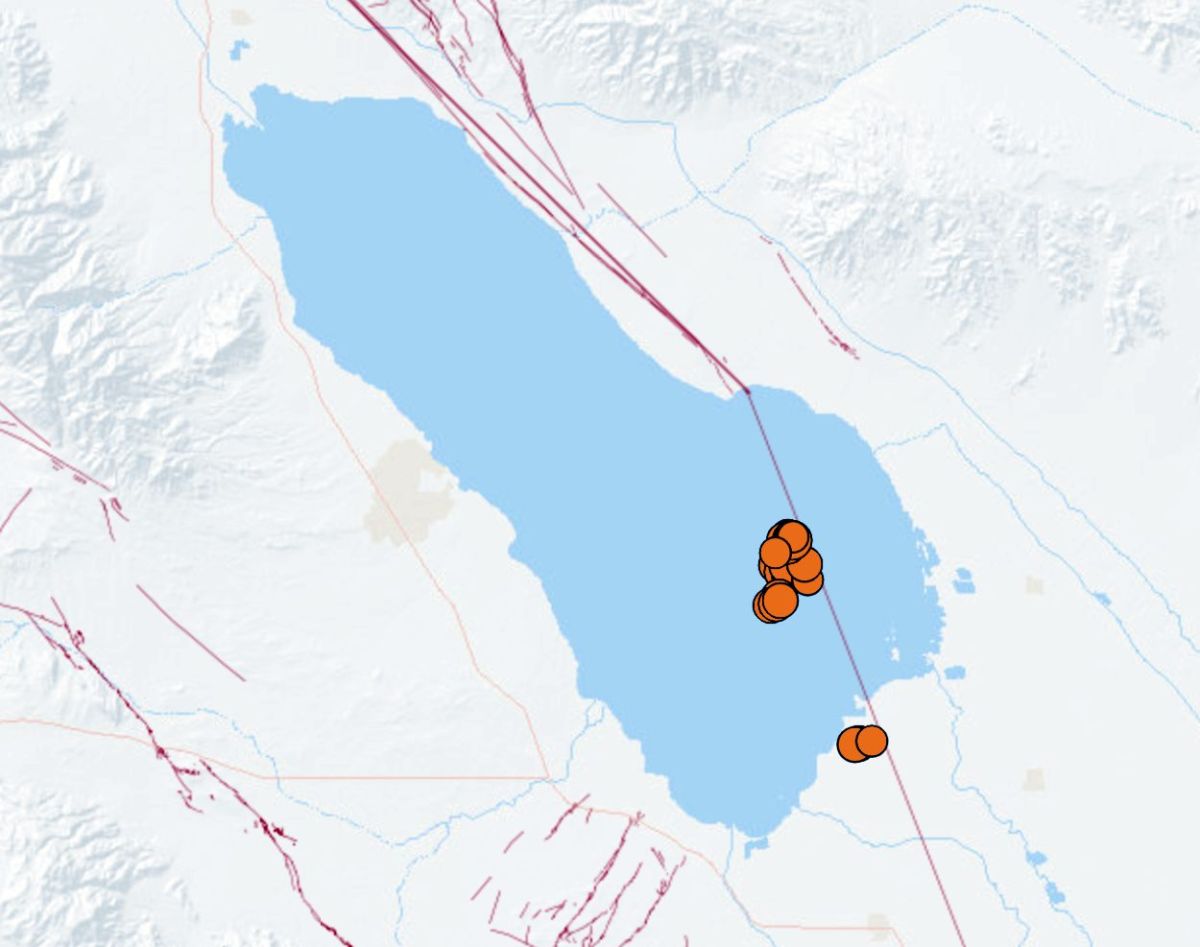 El mapa muestra el enjambre de sismos de Bombay Beach en el Mar de Salton al 10 de agosto de 2020. 