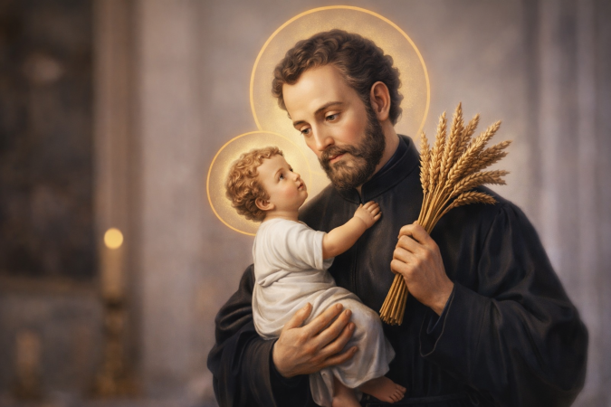 San Cayetano, patrono del pan y del trabajo Imagen de San Cayetano con el Niño Jesús y espigas de trigo, símbolo de trabajo y pan