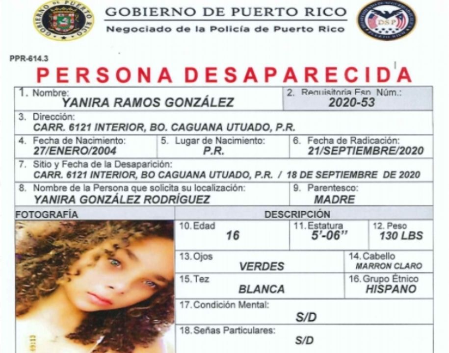 Yanira Ramos González, de 16 años, es una de las menores desaparecidas en Puerto Rico en los últimos días, según los más recientes informes de SAIC del Negociado de la Policía en la isla.