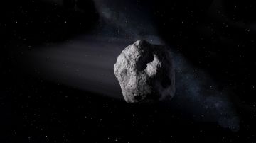 La ilustración muestra un asteroide cercano a la Tierra como el asteroide 2020 SW viajando a través del espacio.