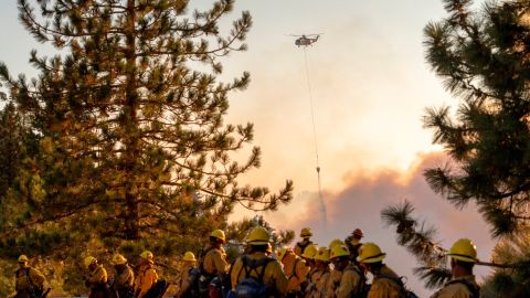 Bomberos descansan a la orilla del camino en el Bobcat Fire.