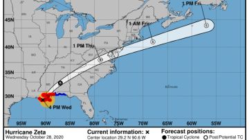 El huracán Zeta llegó a Louisiana. El cono represental a posible trayectoria del huracán.