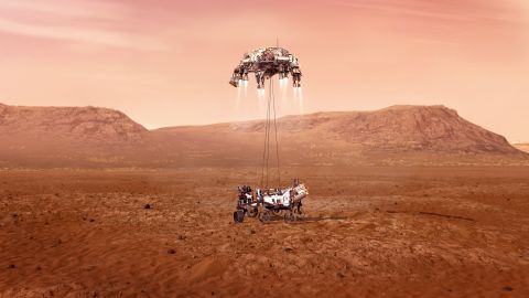 Una ilustración del rover Perseverance de la NASA aterrizando de manera segura en Marte.