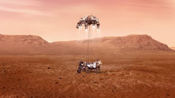 Una ilustración del rover Perseverance de la NASA aterrizando de manera segura en Marte.