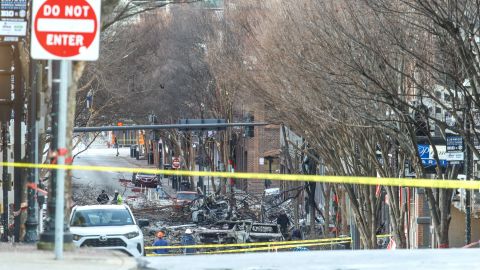 NASHVILLE, TENNESSEE - DECEMBER 25: Police close off an area damaged by an explosion on Christmas morning on December 25, 2020 in Nashville, Tennessee. A Hazardous Devices Unit was en route to check on a recreational vehicle which then exploded, extensively damaging some nearby buildings. According to reports, the police believe the explosion to be intentional, with at least 3 injured and human remains found in the vicinity of the explosion. (Photo by Terry Wyatt/Getty Images)