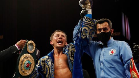 "GGG" Golovkin celebró con júbilo su triunfo sobre Kamil Szeremeta en Florida.