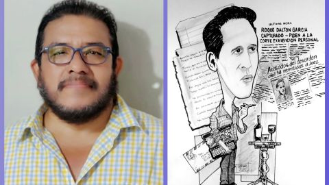 Oscar Mauricio González y una de sus caricaturas de Roque Dalton García.