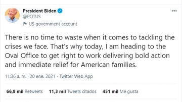 Joe Biden emitió su primer mensaje desde su cuenta de Twitter, @POTUS, las siglas en inglés del Presidente de Estados Unidos.