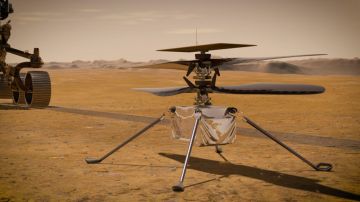La ilustración muestra al helicóptero Ingenuity de la NASA sobre Marte.