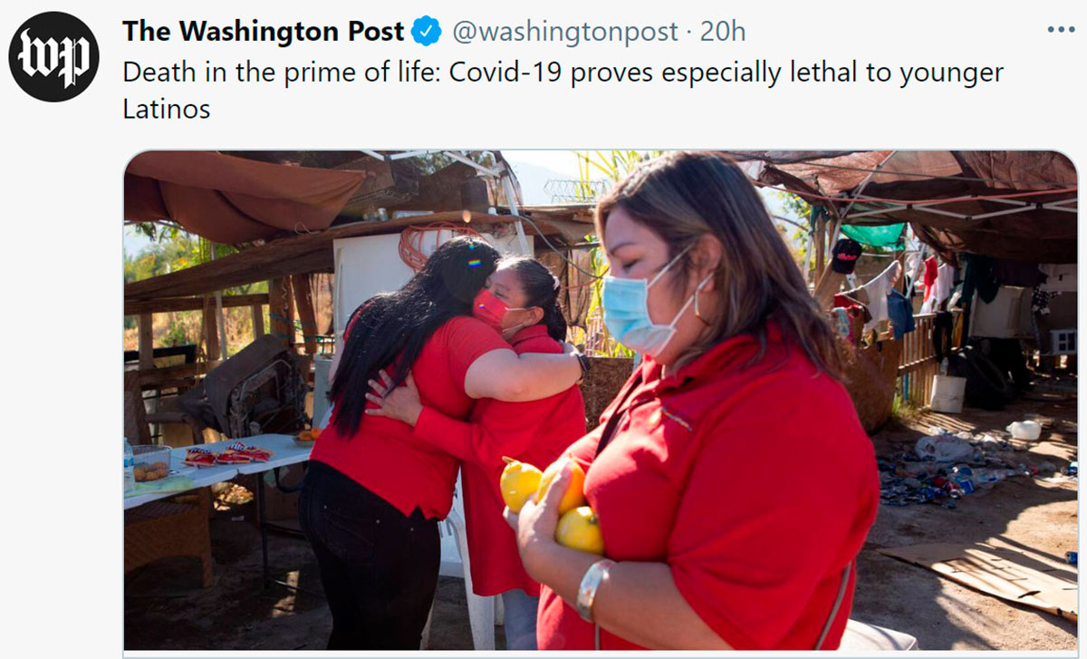 The Washington Post revela que jóvenes latinos entre los 30 y 49 años es "especialmente letal" al COVID-19.