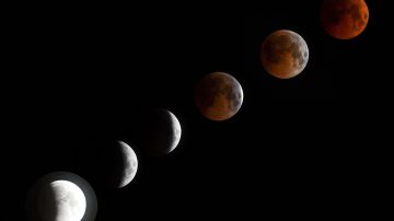 Un combo de imágenes muestra un eclipse lunar total de 'luna de sangre' en Kirguistán el 27 de julio de 2018.