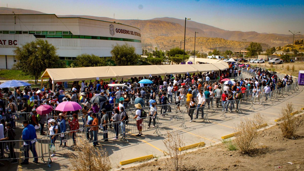 Miles de tijuanenses hacen fila para recibir la vacuna. 