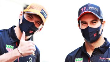 MONTE-CARLO, MONACO - MAY 19: Max Verstappen of Netherlands and Red Bull Racing and Sergio Perez of Mexico and Red Bull Racing talk in the Paddock during previews ahead of the F1 Grand Prix of Monaco at Circuit de Monaco on May 19, 2021 in Monte-Carlo, Monaco. (Photo by Mark Thompson/Getty Images)