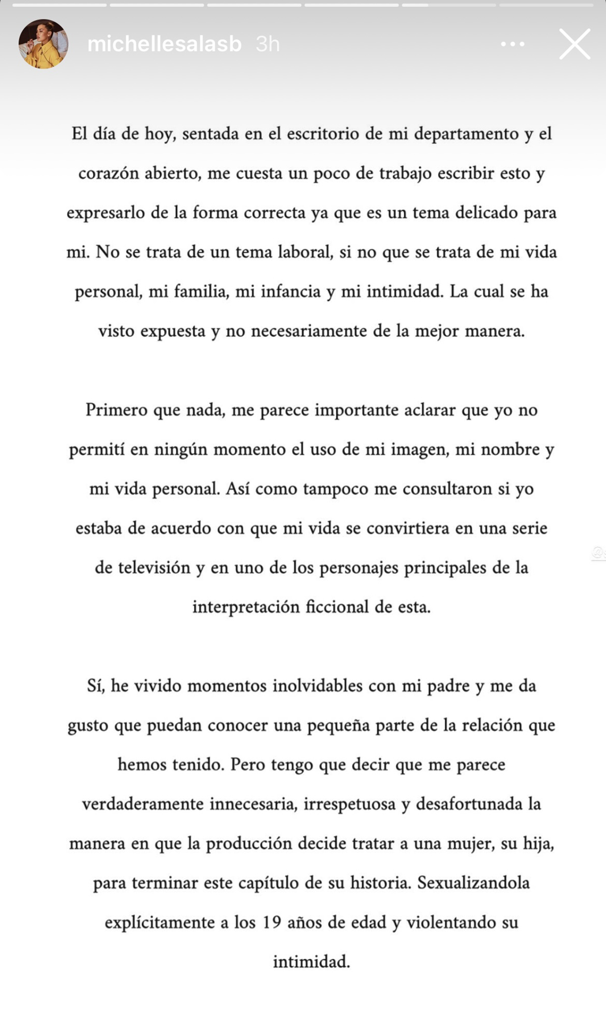 Carta de Michelle Salas sobre la serie de Luis Miguel