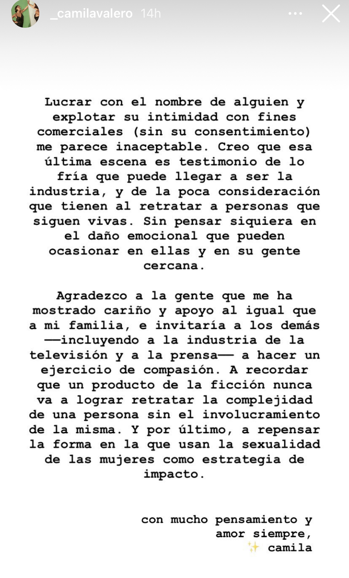 Carta de Camila defendiendo a su hermana Michelle Salas