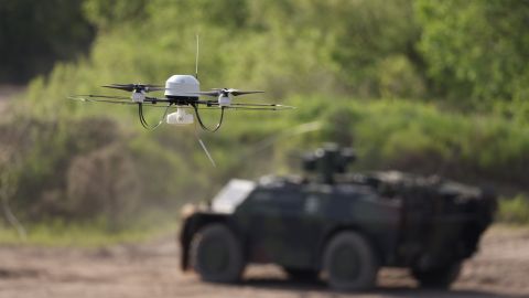 MUNSTER, GERMANY - JUNE 02: A Bundeswehr MIKADO small reconnaissance drone participates in a demonstration of capabilities by the Panzerlehrbrigade 9 tank training brigade on June 02, 2021 in Munster, Germany. Germany has steadily increased its defense spending in recent years, to a record EUR 53 billion slated for 2021. Leaders of the NATO military alliance are to hold a summit later this month.  (Photo by Sean Gallup/Getty Images)