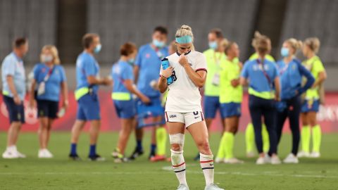 CHOFU, JAPAN - JULY 21: Julie Ertz #8 of Team United States looks dejected after the Women's First Round Group G match between Sweden and United States during the Tokyo 2020 Olympic Games at Tokyo Stadium on July 21, 2021 in Chofu, Tokyo, Japan. (Photo by Dan Mullan/Getty Images)