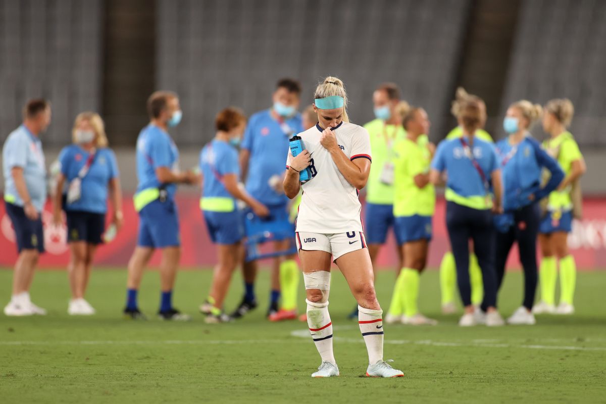 CHOFU, JAPAN - JULY 21: Julie Ertz #8 of Team United States looks dejected after the Women's First Round Group G match between Sweden and United States during the Tokyo 2020 Olympic Games at Tokyo Stadium on July 21, 2021 in Chofu, Tokyo, Japan. (Photo by Dan Mullan/Getty Images)