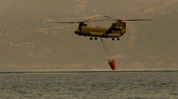 PATRAS, GREECE - AUGUST 01: A Greek army Chinook helicopter collects water as firefighters continue to tackle a wildfire near the village of Lambiri on August 1, 2021 in Lambiri, Greece. Nearly 300 firefighters, two water bomber planes and five helicopters were battling to put out a forest fire in Greece that has so far destroyed around 20 homes and injured eight people, authorities said. (Photo by Milos Bicanski/Getty Images)