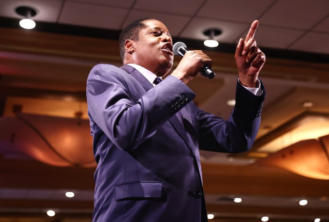 COSTA MESA, CALIFORNIA - SEPTEMBER 14: Gubernatorial recall candidate Larry Elder speaks to supporters at an election night event on September 14, 2021 in Costa Mesa, California. Californians headed to the polls today to cast their ballots in the California recall election of Gov. Gavin Newsom. (Photo by Mario Tama/Getty Images)