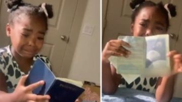 La niña llora con pasaporte de su madre en mano.