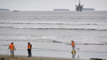 An oil platform and cargo container ships are seen on the horizon as environmental response crews clean the beach after an oil spill in the Pacific Ocean in Huntington Beach, California on October 4, 2021. (Photo by Patrick T. FALLON / AFP) (Photo by PATRICK T. FALLON/AFP via Getty Images)