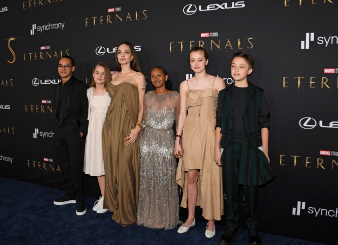LOS ANGELES, CALIFORNIA - OCTOBER 18: (L-R) Maddox Jolie-Pitt, Vivienne Jolie-Pitt, Angelina Jolie, Zahara Jolie-Pitt, Shiloh Jolie-Pitt, and Knox Jolie-Pitt arrive for the World Premiere of Marvel Studios’ Eternals at the El Capitan Theatre in Hollywood on October 18, 2021. (Photo by Jon Kopaloff/Getty Images for Lexus)