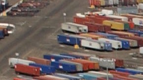 LONG BEACH, CA - OCTOBER 2: Shipping containers are left stacked in the Port of Los Angeles because of the West Coast lockout of dockworkers by shipping lines on October 2, 2002 in Long Beach, California. Hopes that federal mediation would resolve the impasse, which is costing an estimated $1 billion a day, were dashed October 1 after union representatives stormed out of a meeting after shippers showed up with armed security guards. (Photo by David McNew/Getty Images)