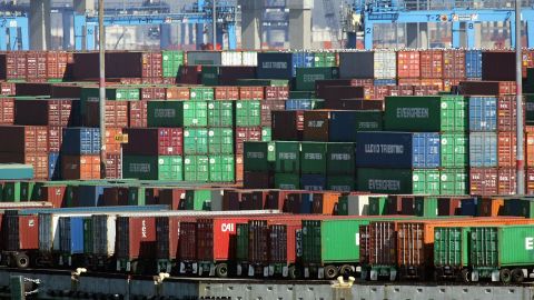 SAN PEDRO, CA - FEBRUARY 10: Shipping containers are stacked on docks in the Port of Los Angeles on February 10, 2006 in San Pedro, California. The U.S. trade gap reached the third-highest level on record in December according to the Commerce Department, pushing the annual deficit to a record $725.8 billion, 17.5 percent more than in 2004. (Photo by David McNew/Getty Images)