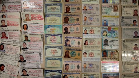 DEMING, NM - JUNE 27: The U.S. Border Patrol displays false identification cards, including fake Social Secruity cards and drivers licences that they have confiscated over the last few years June 27, 2007 in Deming, New Mexico. The U.S. Border Patrol station in Deming is responsible for protecting 47 miles of border and 14,000 square miles of rugged desert and mountain terrain in an area active with smugglers moving people. (Photo by Chip Somodevilla/Getty Images)