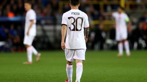 BRUGGE, BELGIUM - SEPTEMBER 15: Lionel Messi of Paris is seen during the UEFA Champions League group A match between Club Brugge KV and Paris Saint-Germain at Jan Breydel Stadium on September 15, 2021 in Brugge, Belgium. (Photo by Lars Baron/Getty Images)