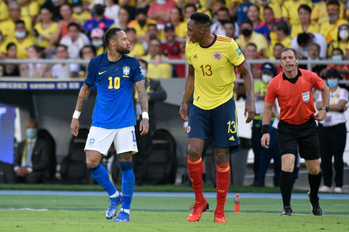 Neymar appears to try to KISS Yerry Mina on the lips as pair scrap