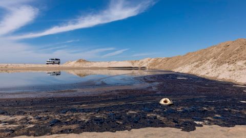 Huntington Beach (United States), 03/10/2021.- Tar accumulates on the shore after an oil spill off the coast of Huntington Beach, California, USA, 03 October 2021. According statements by Orange County Supervisor Katrina Foley, the oil spill was caused by a broken pipeline attached to an ofshore oil platform. (Estados Unidos) EFE/EPA/CHRISTIAN MONTERROSA