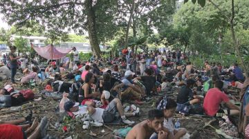 Migrantes descansan antes de retomar su marcha en caravana rumbo a la Ciudad de México.