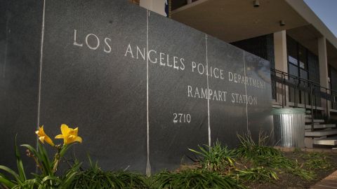 385121 07: Between a flower and a trash can stands the sign for the scandal-wracked Los Angeles Police Department Rampart Station where Los Angeles Mayor Richard Riordan made an appearance to address officers during their mid-day roll call and announce "significant police reform measures", February 2, 2000, in Los Angeles, CA. However, many police officers and members of the media were left wondering what the mayor had tried to convey. Officers at the Rampart Division are the subjects of investigation and prosecution in the biggest police scandal case in Los Angeles history. (Photo by David McNew/Newsmakers)