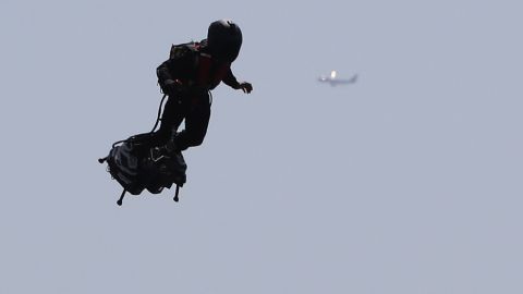 French pilot Franky Zapata flies his Flyboard jetpack during the 2018 Red Bull Air Race World Championship on April 21, 2018 in Cannes. (Photo by VALERY HACHE / AFP) (Photo credit should read VALERY HACHE/AFP via Getty Images)