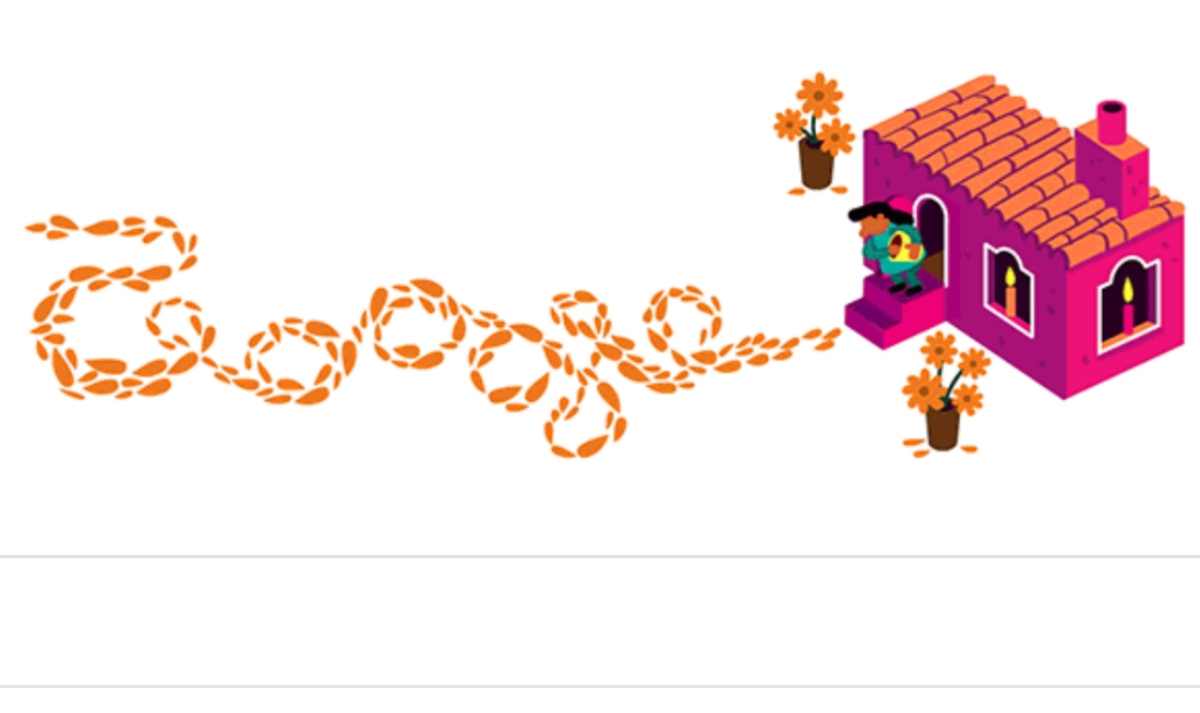 El Doodle por el Día de Muertos muestra a una mujer haciendo un camino de cempasúchil.