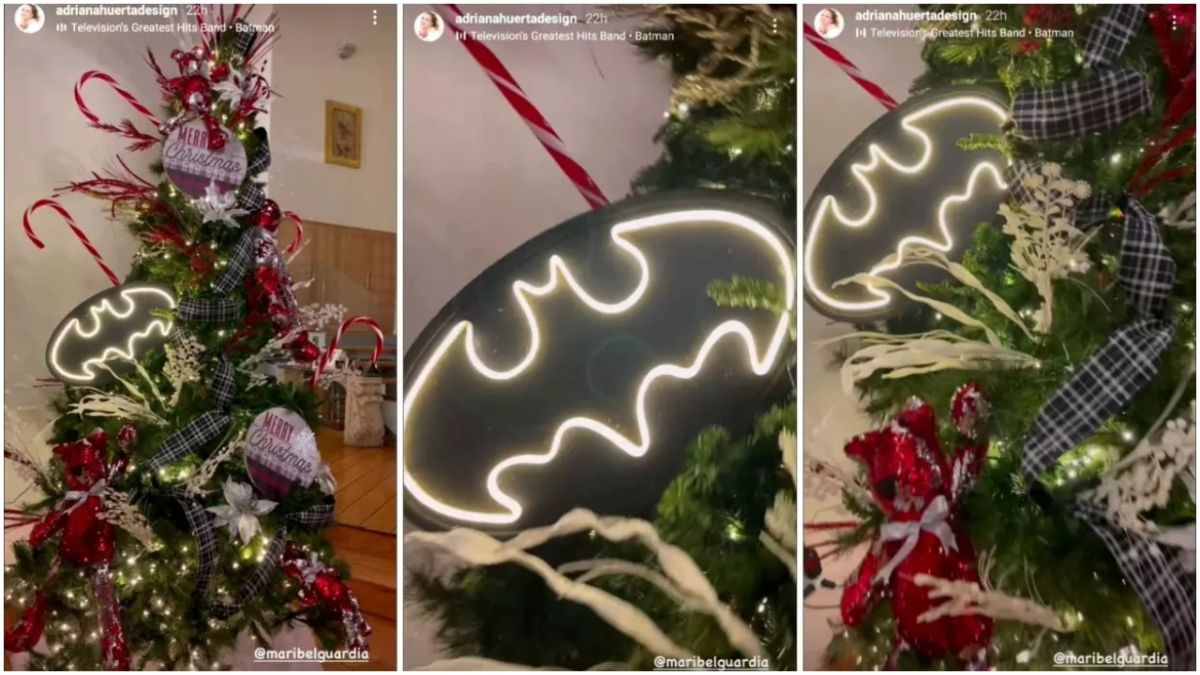 Así quedó el árbol de Navidad de Maribel Guardia, con todo y su batiseñal (Instagram: Adriana Huerta)