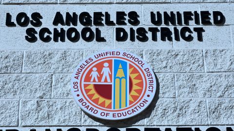 A sign at the Los Angeles Unified School District Transportation Services near district headquarters in Los Angeles, California on January 9, 2019. - Teachers in the nation's second largest school district have postponed a potential strike planned for January 10 to January 14. (Photo by Frederic J. BROWN / AFP) (Photo by FREDERIC J. BROWN/AFP via Getty Images)