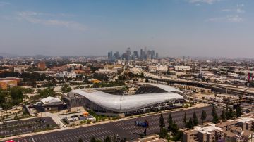 An aerial view shows the Banc of California Stadium in Los Angeles, California, on May 9, 2020, during the novel coronavirus pandemic. - Events that involve mass gatherings, like sporting events and concerts, are unlikely to reopen until the threat of the novel coronavirus has largely passed. (Photo by Apu GOMES / AFP) (Photo by APU GOMES/AFP via Getty Images)