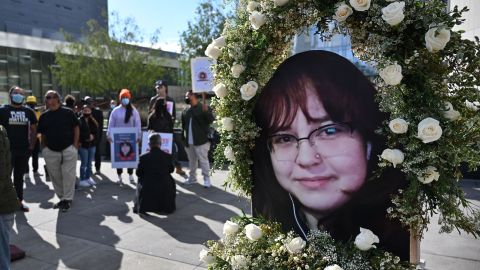 A photo of 14-year old Valentina Orellana-Peralta, who was killed by a stray police bullet last week while shopping at a clothing store, is seen at a press conference outside Los Angeles Police Department headquarters in Los Angeles, California, December 28, 2021. (Photo by Robyn Beck / AFP) (Photo by ROBYN BECK/AFP via Getty Images)