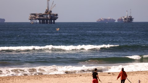 HUNTINGTON BEACH, CALIFORNIA - OCTOBER 09: People walk with dogs on a mostly empty Huntington Beach about one week after an oil spill from an offshore oil platform on October 9, 2021 in Huntington Beach, California. The heavy crude oil spill affected close to 25 miles of coastline in Orange County. The beach is open in Huntington Beach but the public is not allowed to enter the water. (Photo by Mario Tama/Getty Images)