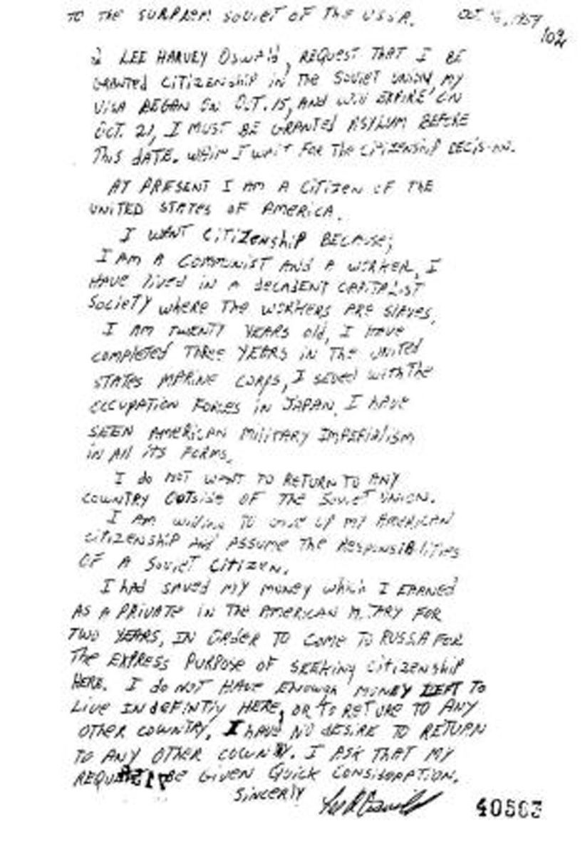 Carta escrita a mano por Lee Harvey Oswald fue uno de los registros rusos relacionados con el asesinato del presidente Kennedy.