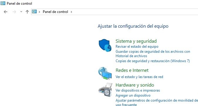 Captura de pantalla del panel de control de Windows