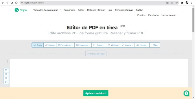 Captura de pantalla de la apariencia de la página web del Sedja PDF Editor