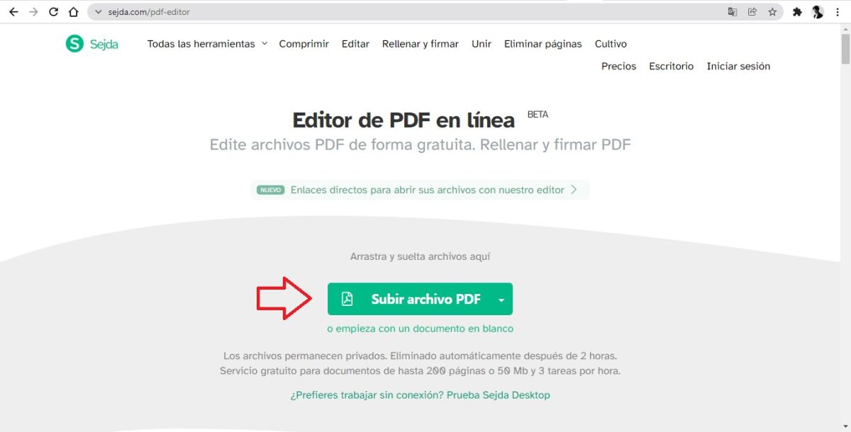 Screenshot of the appearance of the Sedja PDF Editor web page