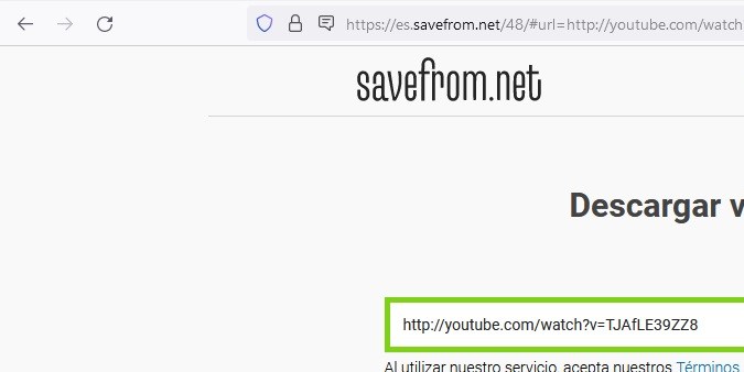 Captura de pantalla de la página savefrom.net